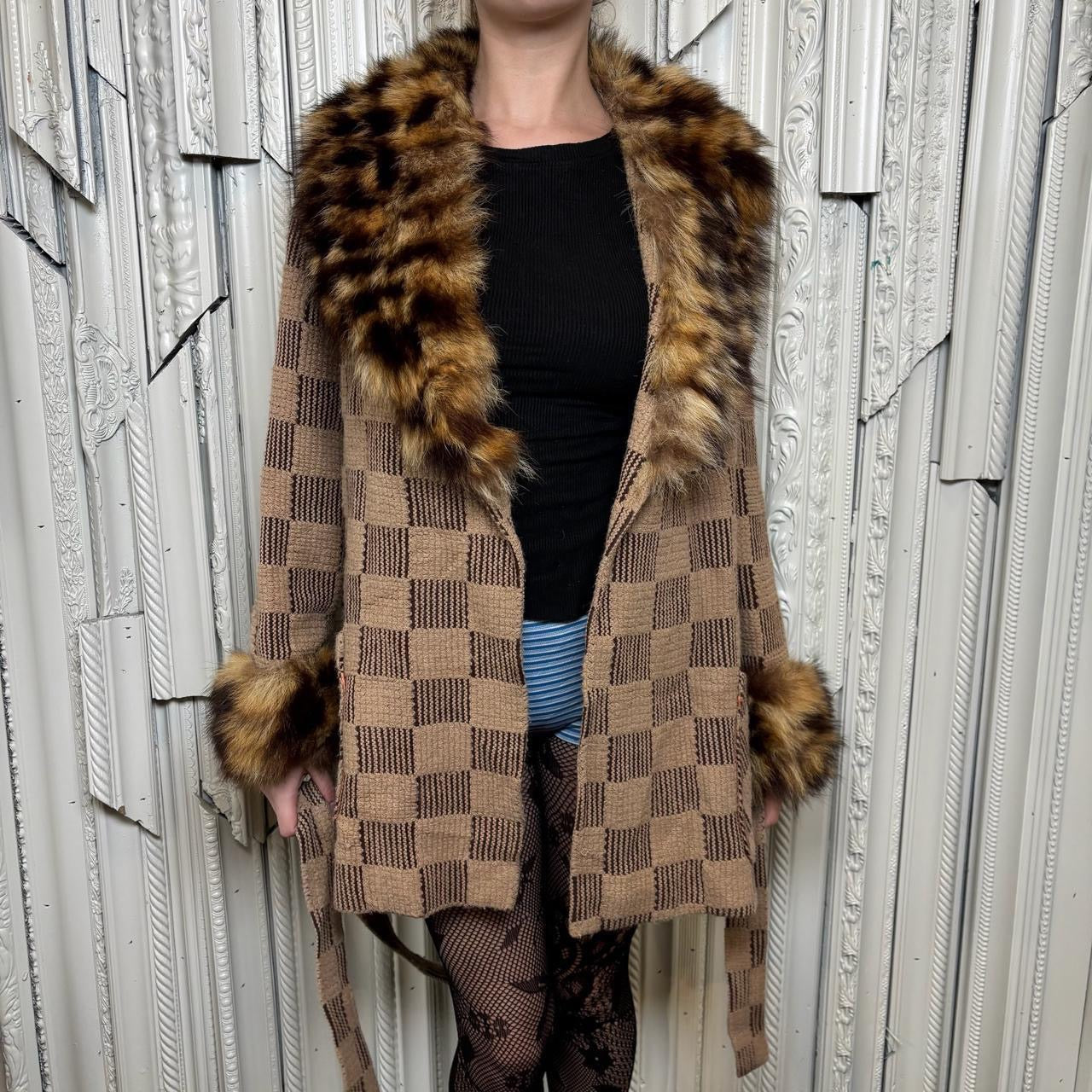 Vintage checkered knit coat with fur trim on neckline and sleeves