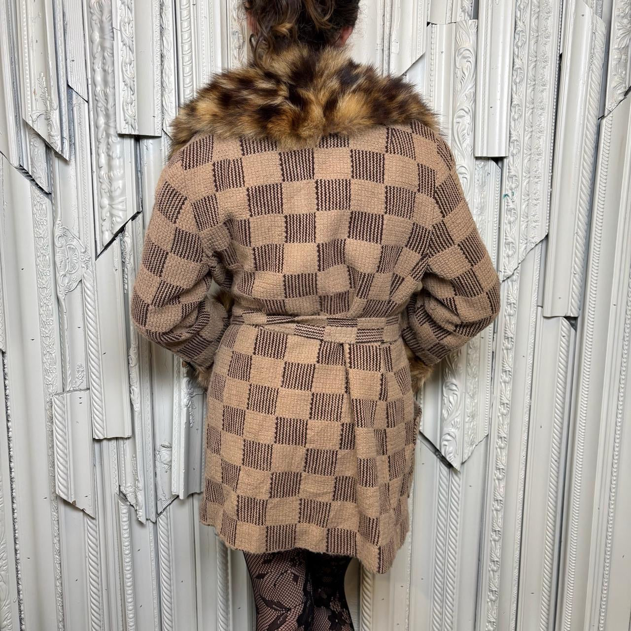 Vintage checkered knit coat with fur trim on neckline and sleeves