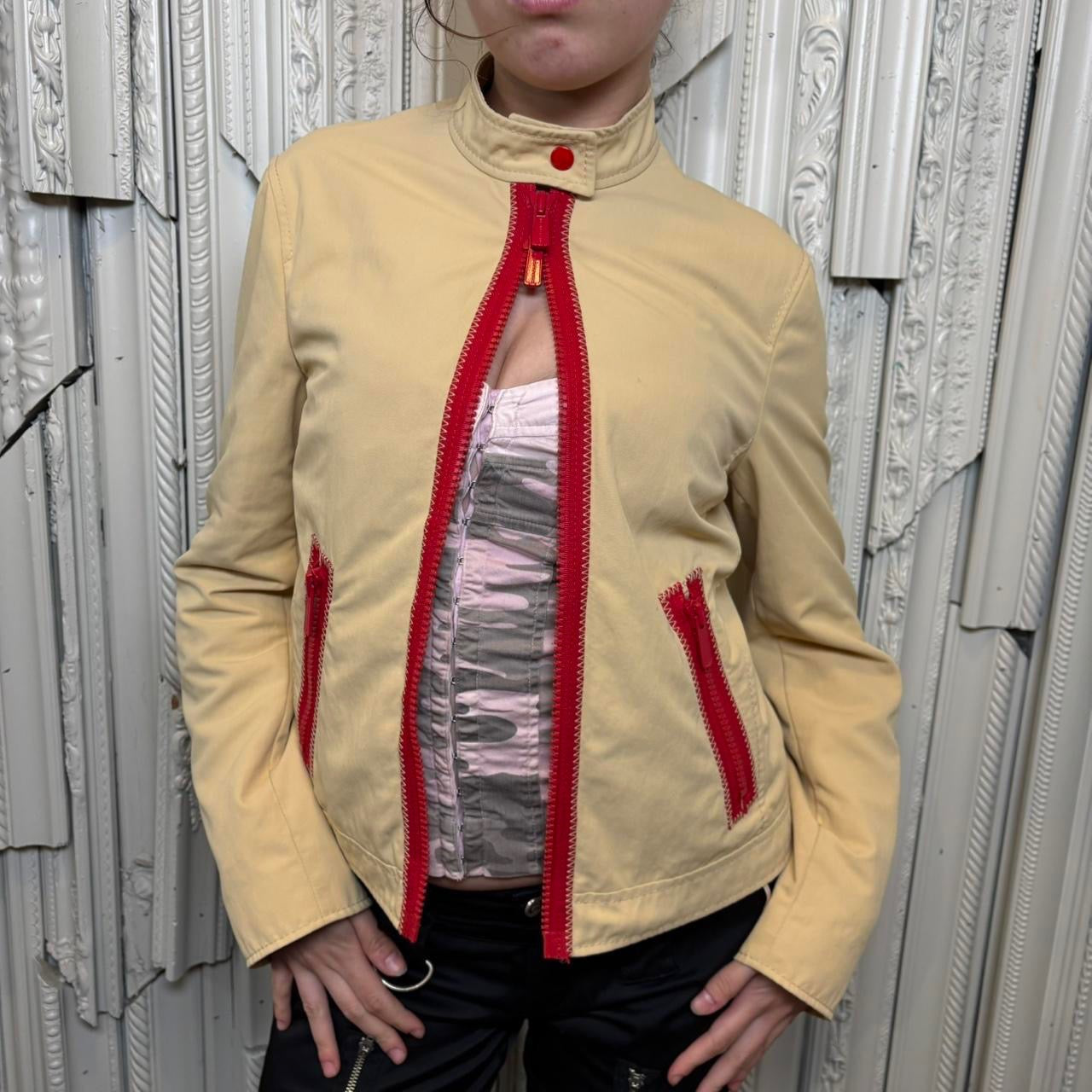Moschino Cheap & Chic khaki and red double zipper moto style jacket