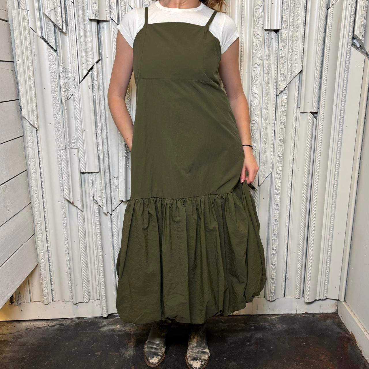 Chip Clip deadstock army green square neck bubble hem maxi dress