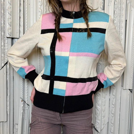 Toula blue, pink, cream color block mock neck zip up sweater