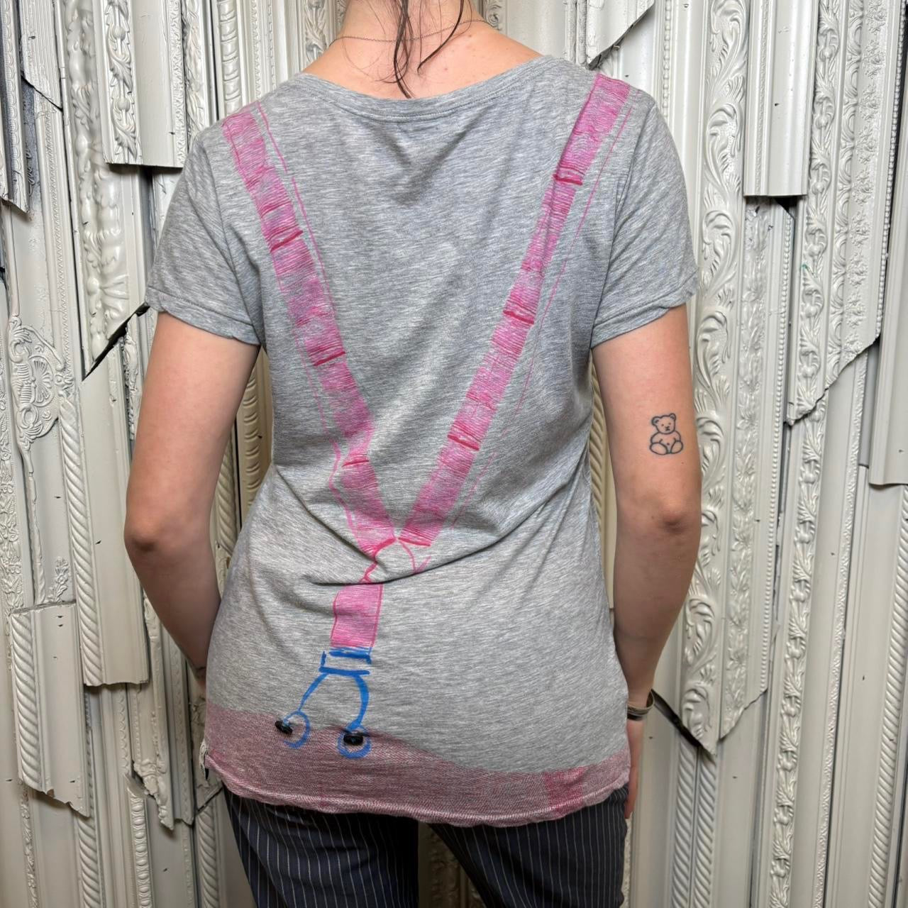 Paul Smith grey tee with pink and blue suspenders graphic