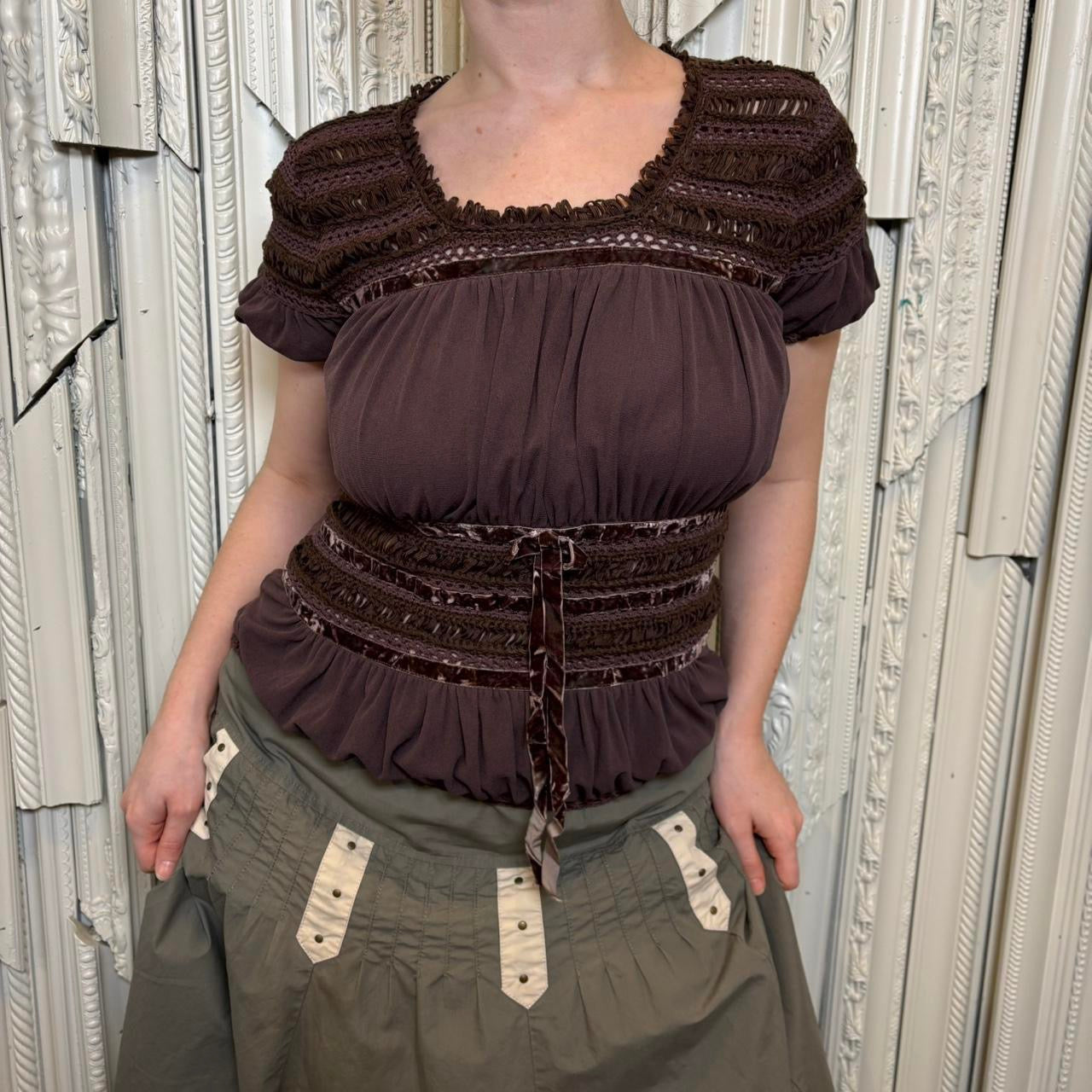 Radzoli Y2K brown milk maid style top