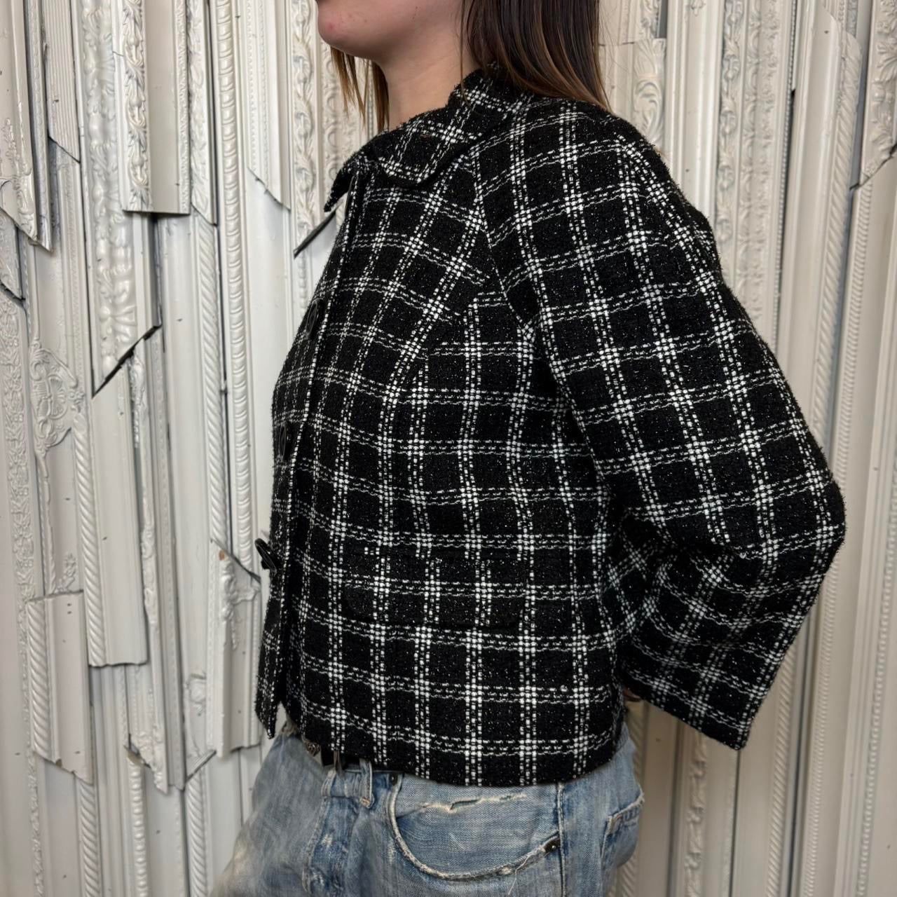 Briggs New York black, white and silver plaid tweed button down jacket
