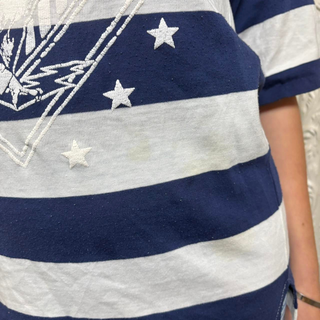 What a Break blue and white striped quarter sleeve “Air Force Academy” tee
