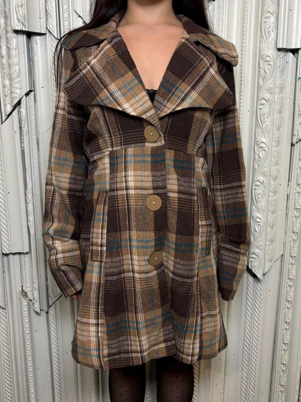 Wet Seal brown and blue plaid light weight button down coat