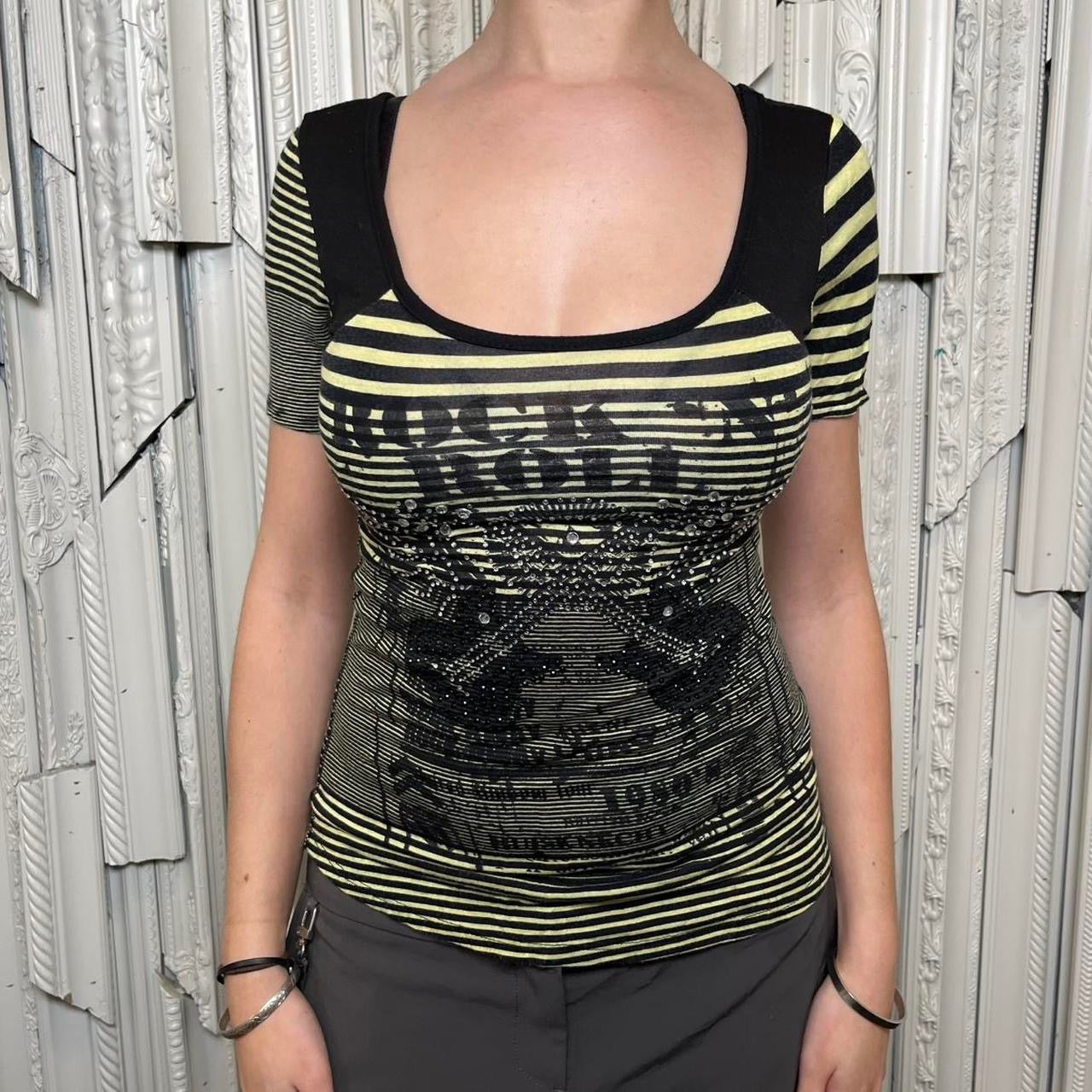 Daytrip Y2K black and yellow/green striped “Rock N Roll” scoop neck tee