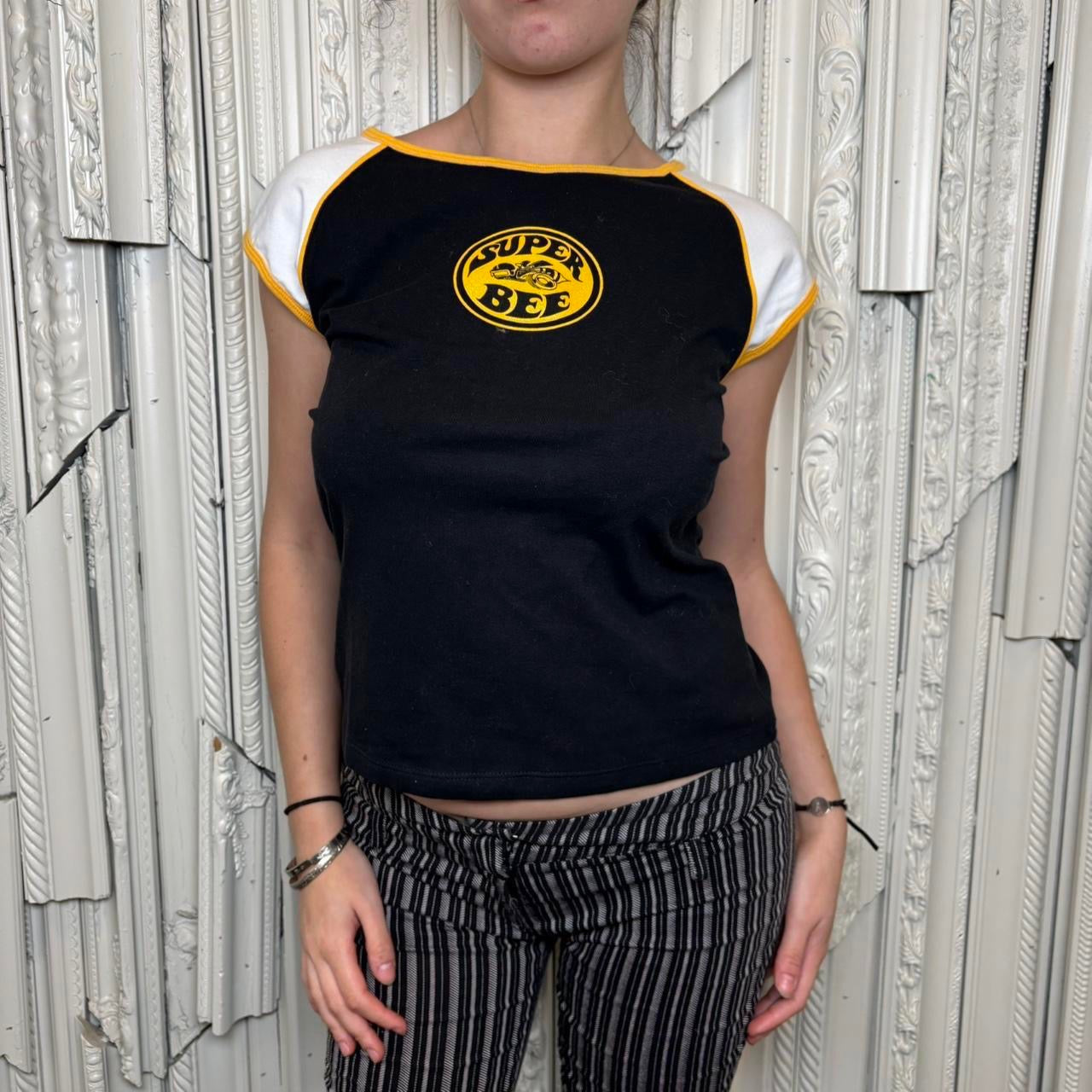 Mopar cotton/spandex blend black, white and yellow “Super Bee” tee
