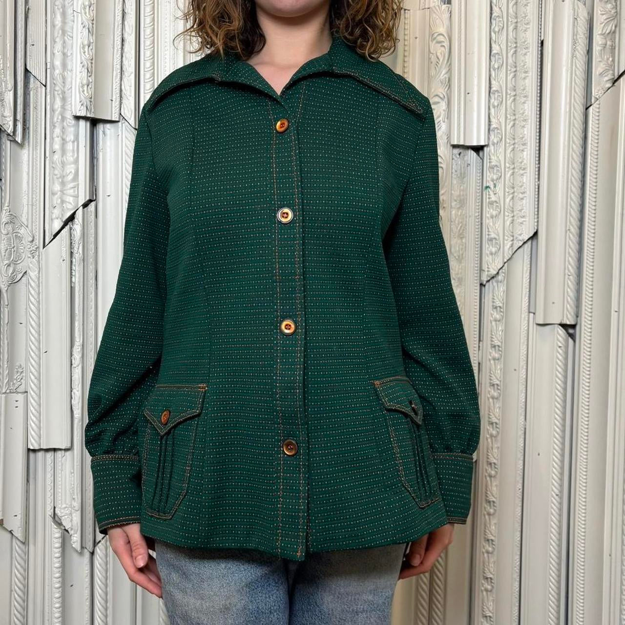 Panhandle Slim green, orange and white 70s polyester collared button down top