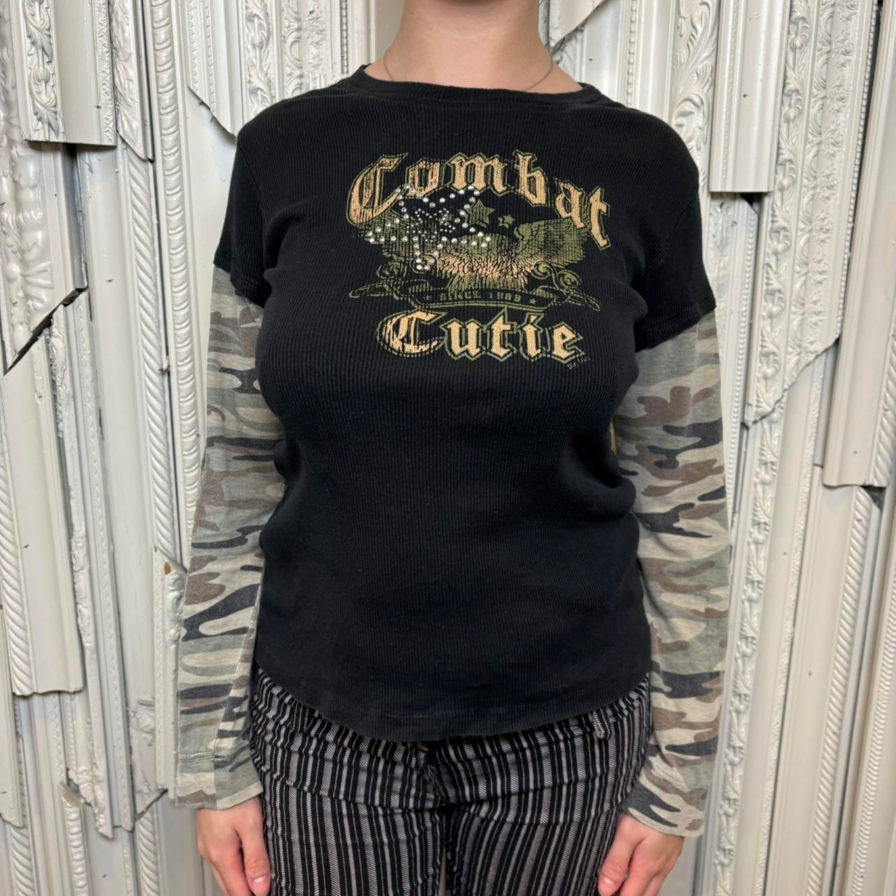 Big Flirt “Combat Cutie” black ribbed long sleeve with rhinestone star