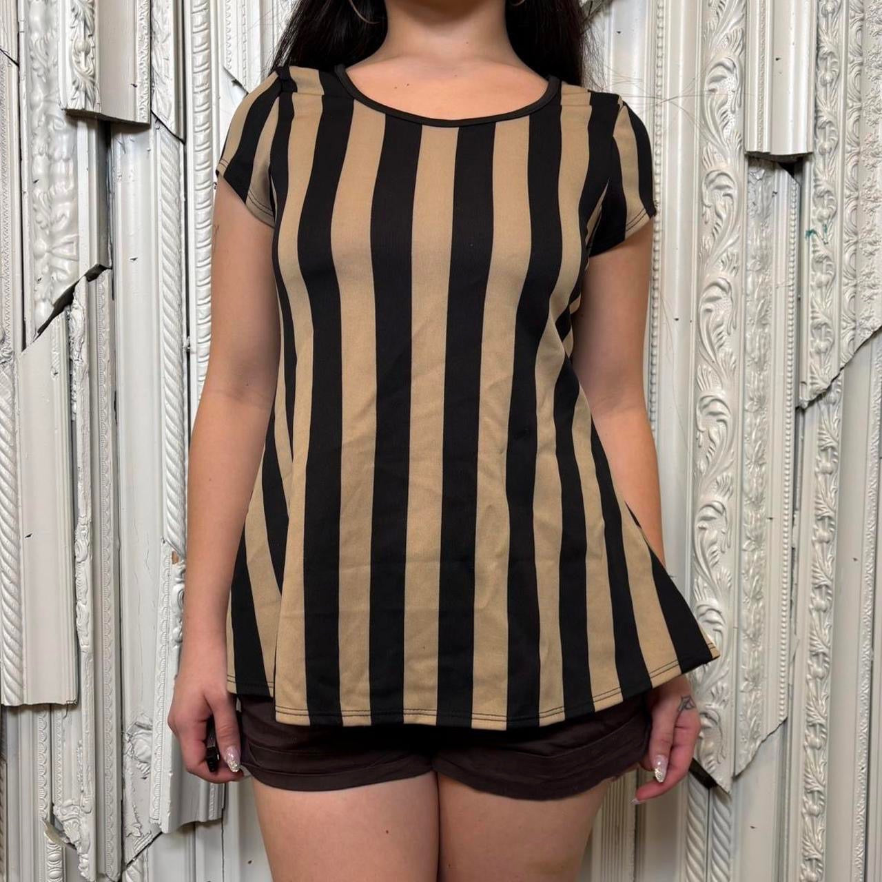 Persaya brown and black striped peplum top with mesh back and bow detail