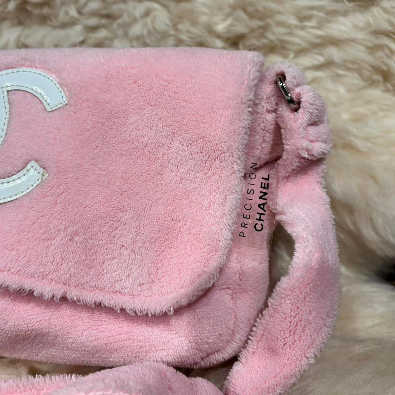 Chanel baby pink fuzzy crossbody with white patent emblem
