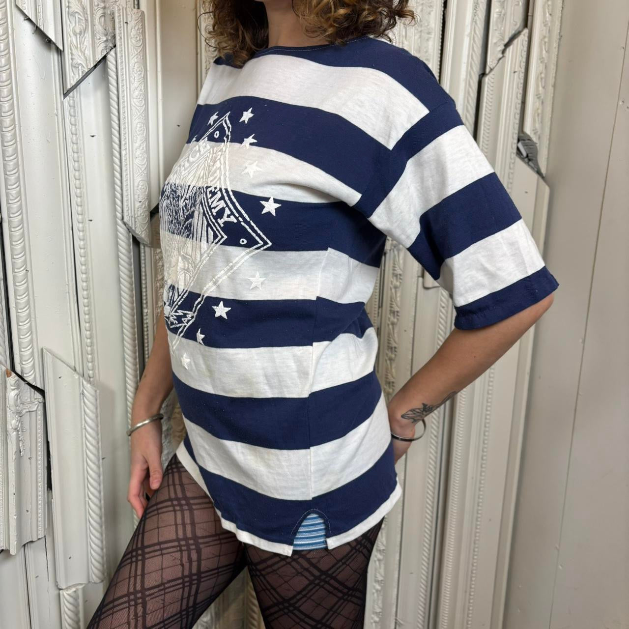 What a Break blue and white striped quarter sleeve “Air Force Academy” tee
