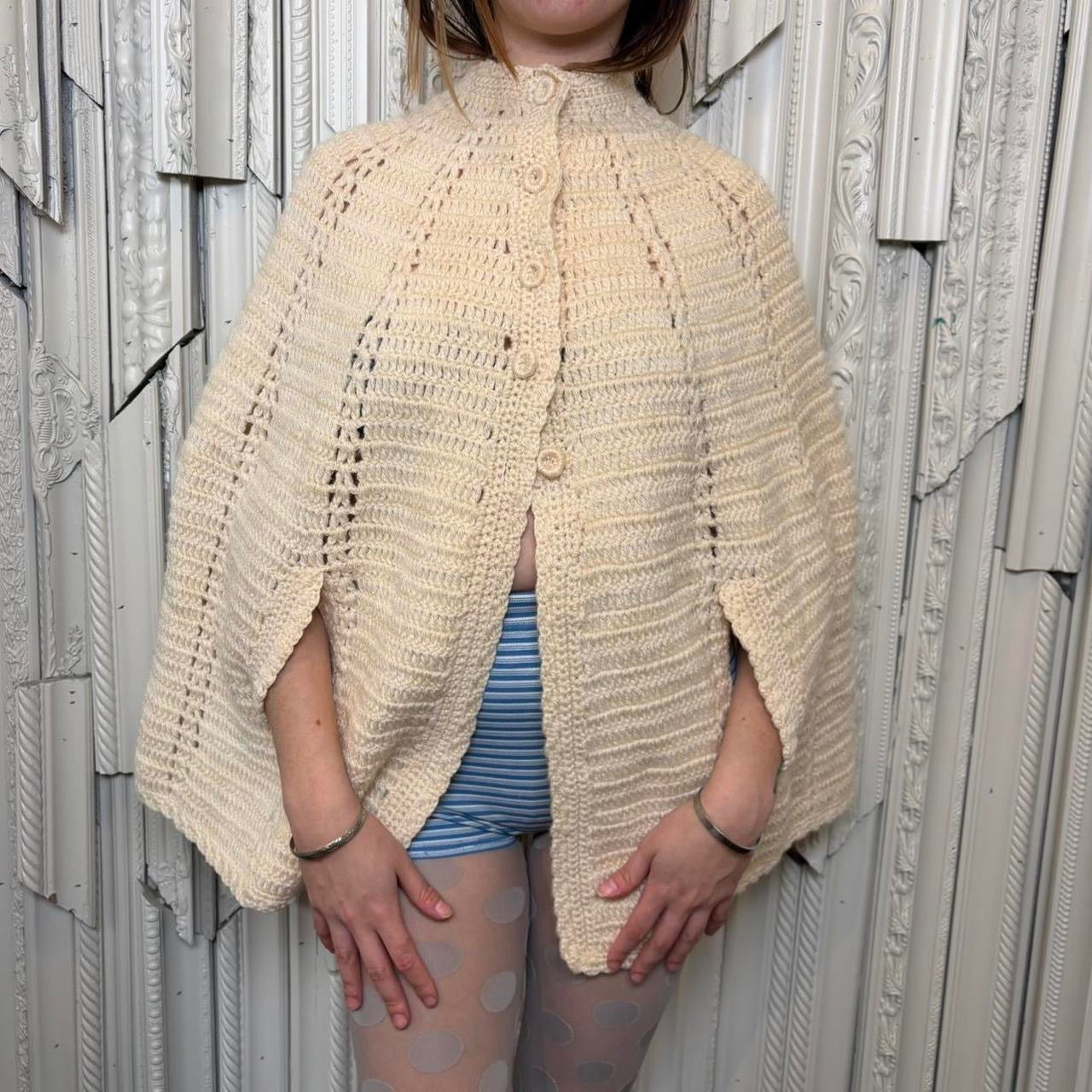 Vintage 60s cream over coat knit button down poncho