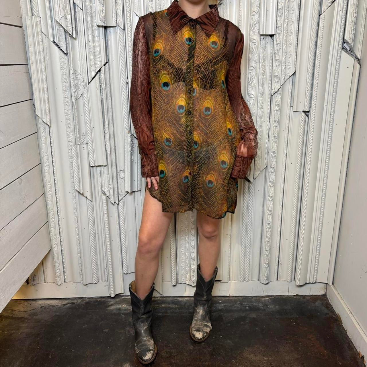 Mesmerize sheer peacock print collared long sleeve button down top
