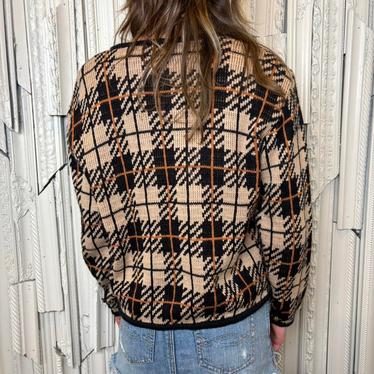 Tally Ho multicolored plaid cardigan with with gold buttons