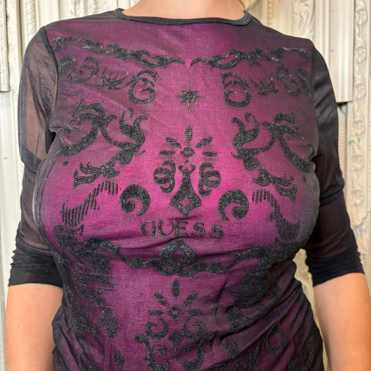 Guess double lined mesh long sleeve top with velvet graphic