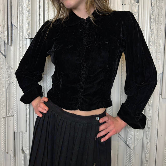 80s handmade black velvet collared button down jacket