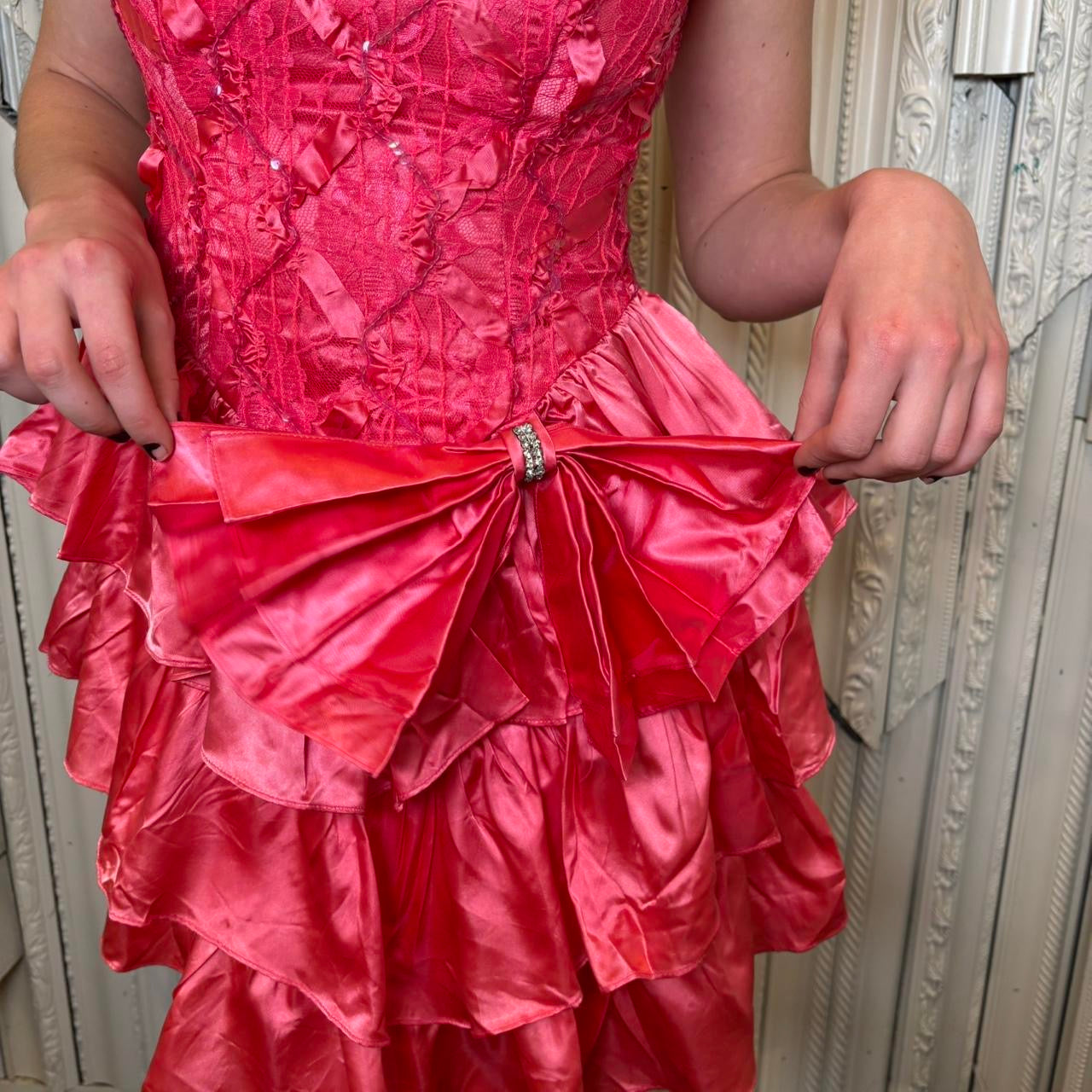 Zum Zum 80s hot pink lace and sequin detailed drop waist mini dress