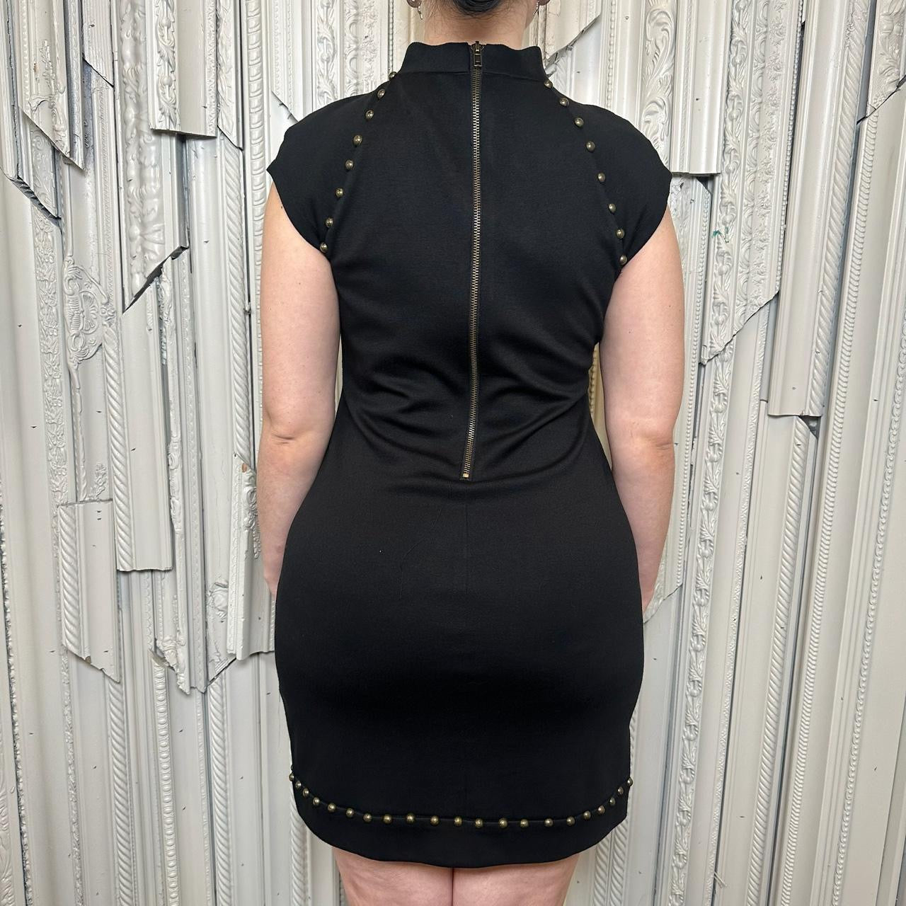 Ice Petite polyester, rayon, spandex blend black mock neck cap sleeve mini dress
