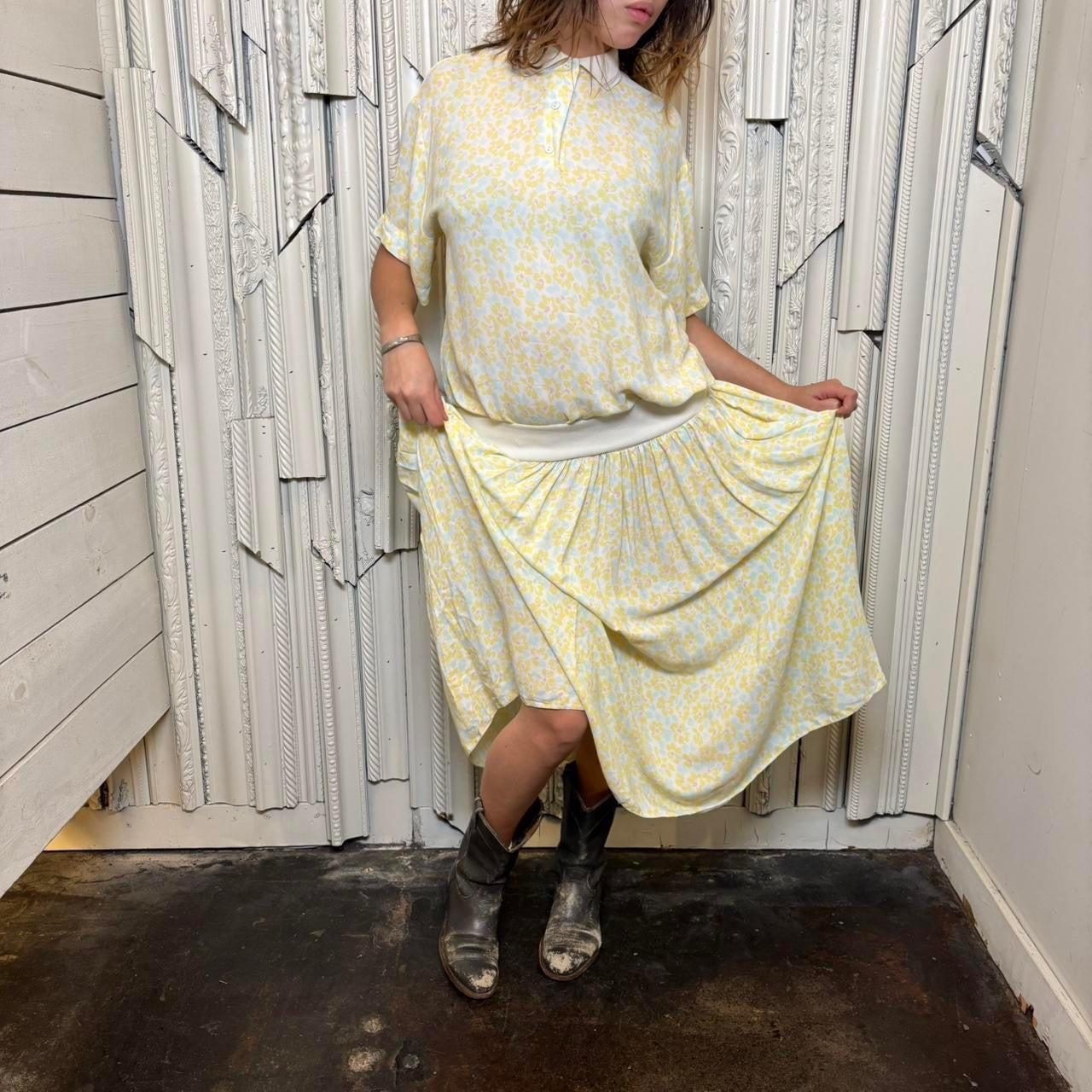 Richard’s multicolored floral print collared button up drop waist midi dress