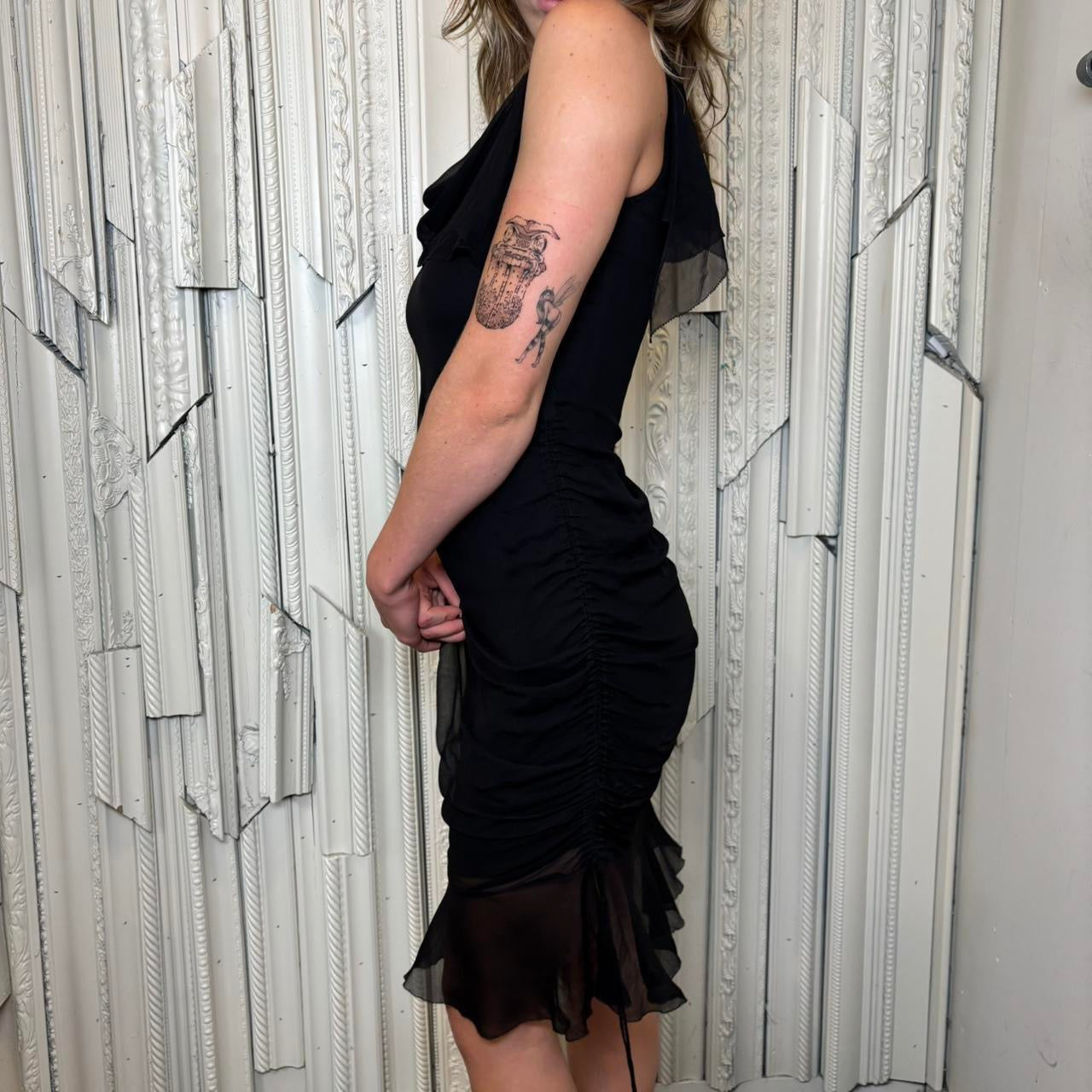 BCBG Maxazria silk black double lined asymmetrical hem midi dress