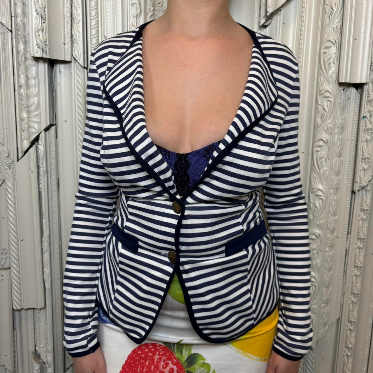 Mystique Paris New York vintage blue and white polyester/spandex blend blazer