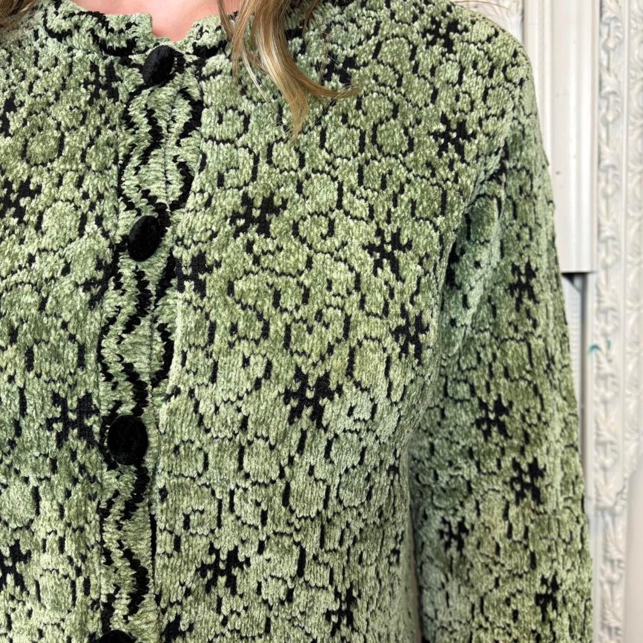 Lan Knits green and black abstract print knit button down cardigan