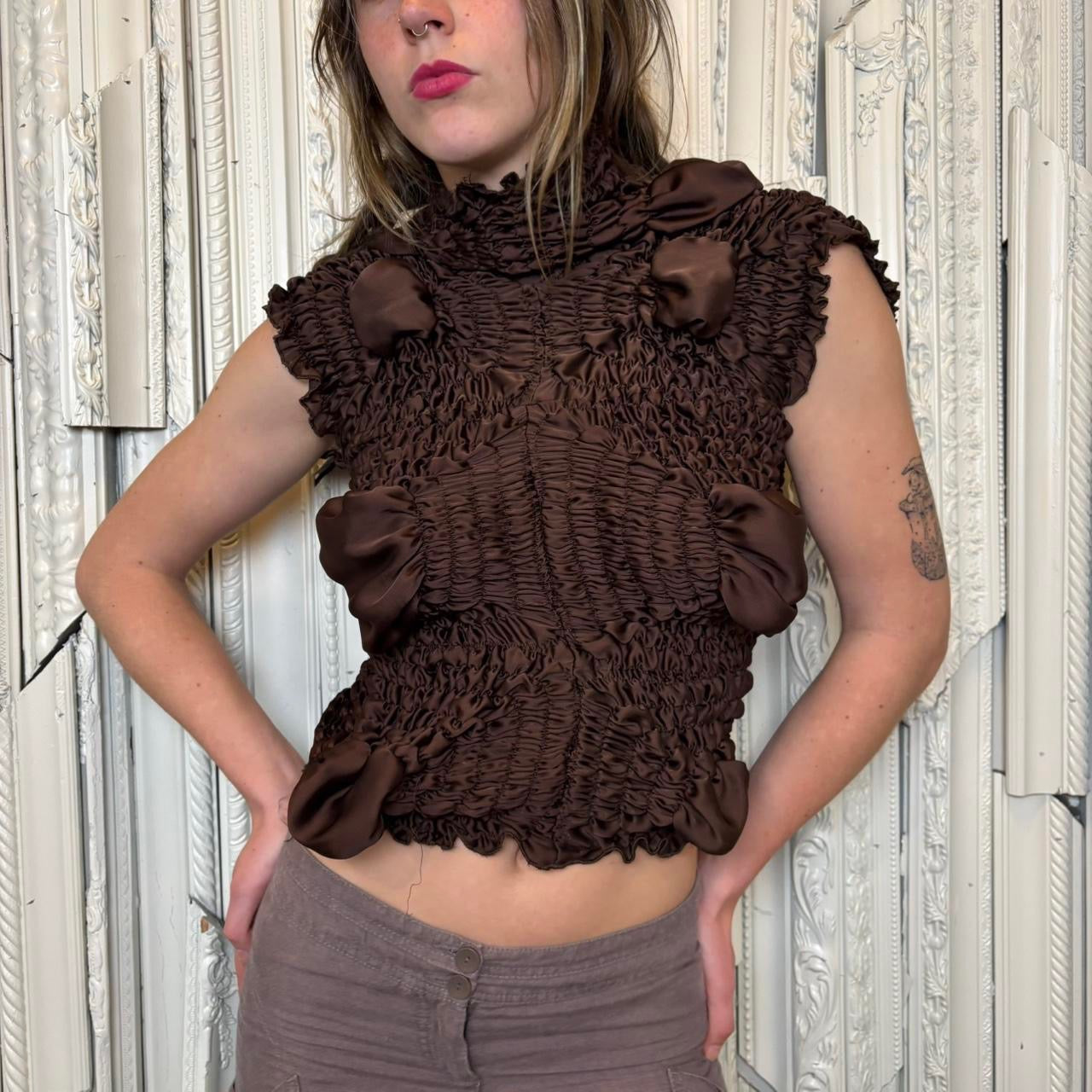 Feben brown twist sleeveless shirred blouse in sleeveless blouse