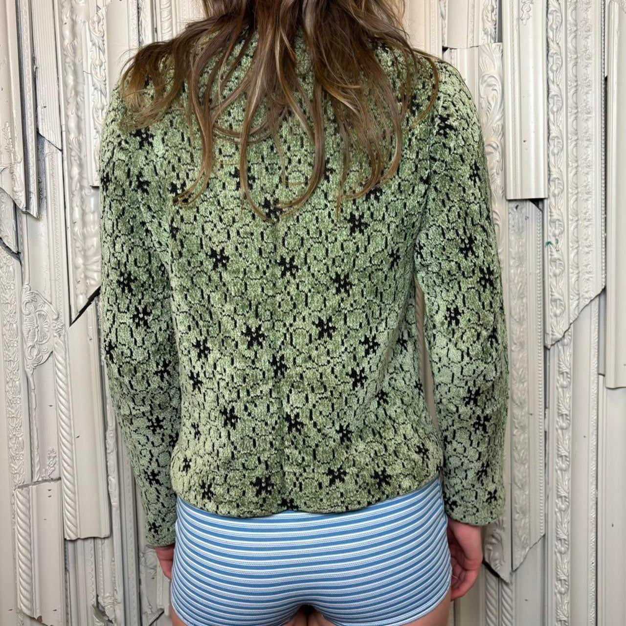 Lan Knits green and black abstract print knit button down cardigan