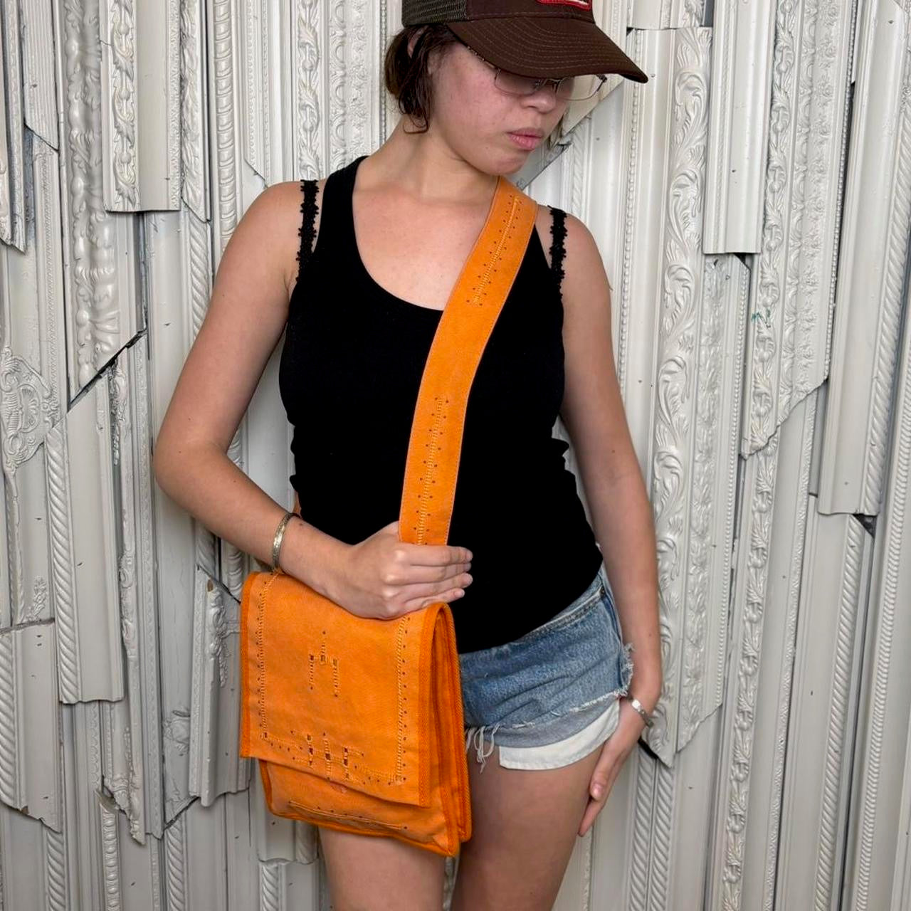 Issey Miyake orange canvas crossbody satchel with adjustable strap