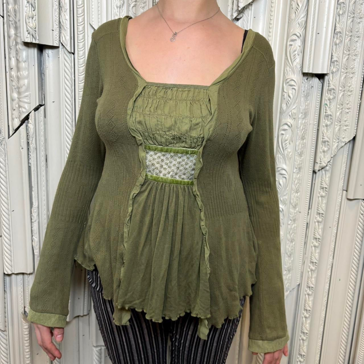 Tiny green square neck long sleeve milkmaid top with ruffle detailing