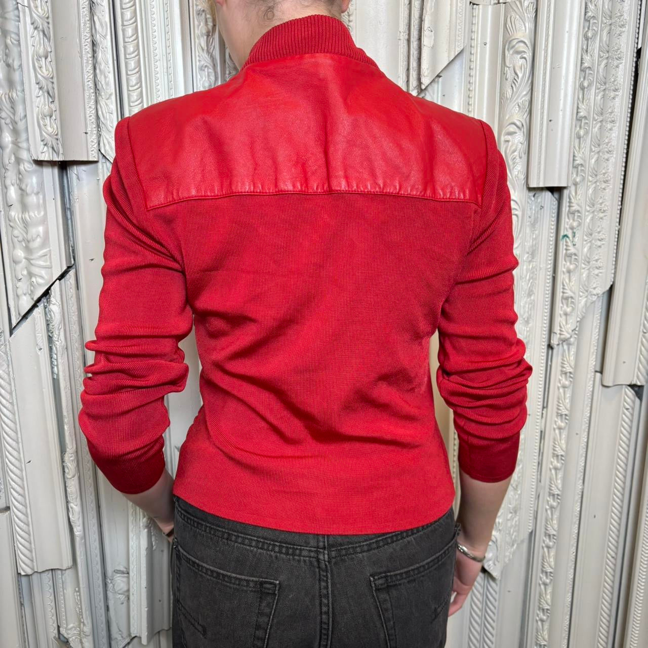 Peter Nygard red leather ruched zip up jacket with studded detailing