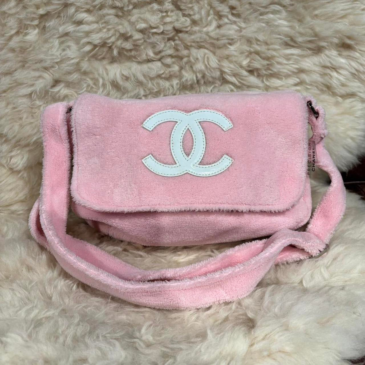 Chanel baby pink fuzzy crossbody with white patent emblem