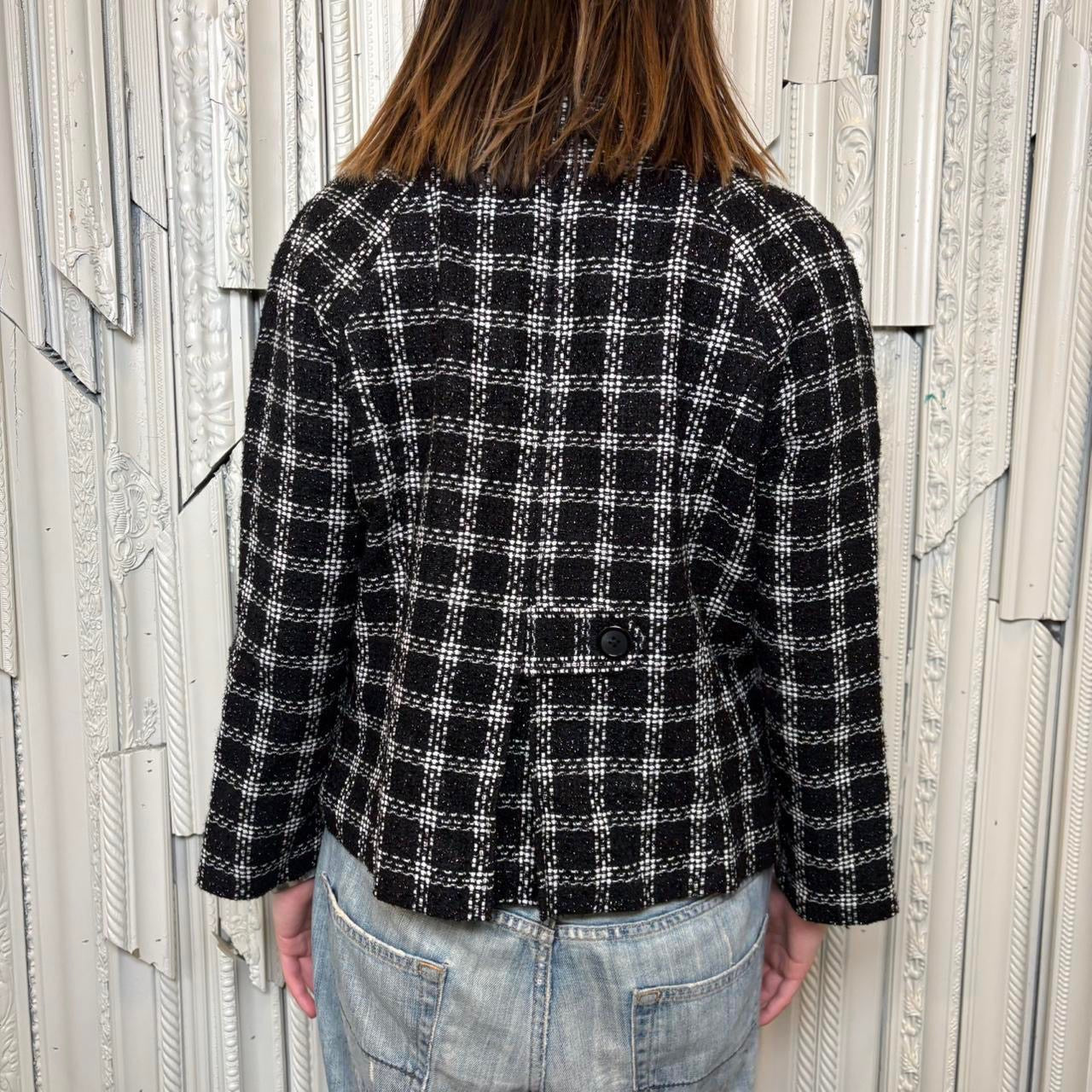 Briggs New York black, white and silver plaid tweed button down jacket