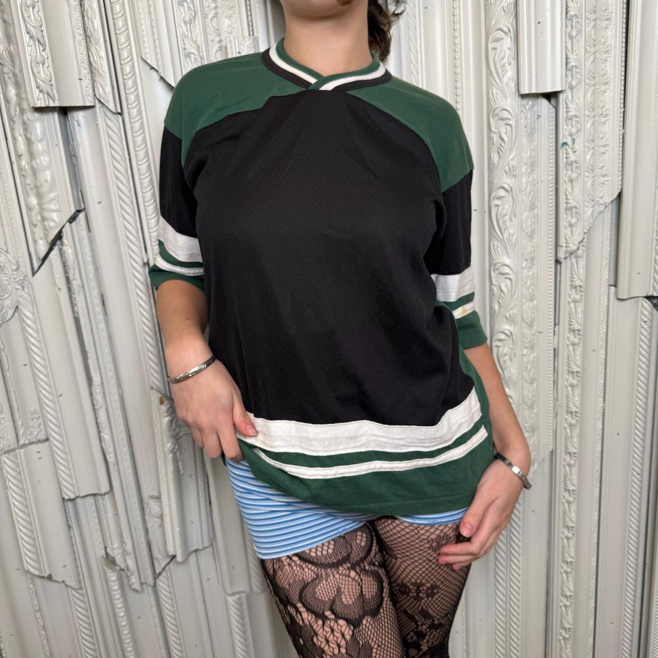 Team Rated green, black and white jersey style tee