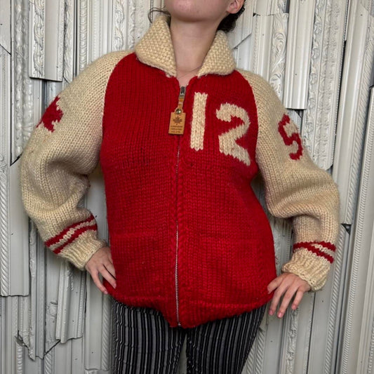 Canadian Sweater Company wool red and cream varsity knit jacket