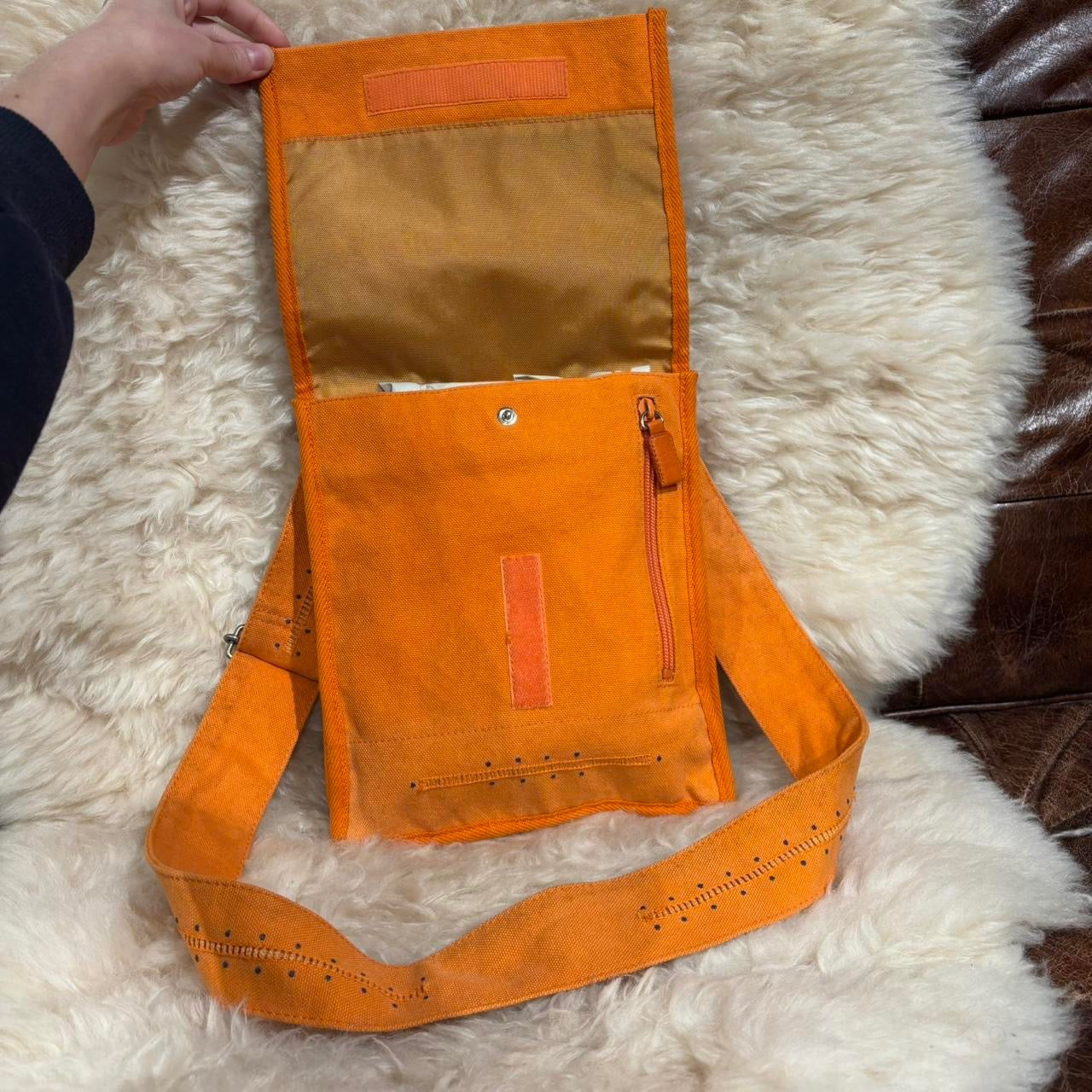Issey Miyake orange canvas crossbody satchel with adjustable strap