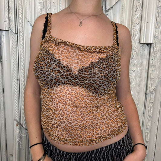 Mesh cheetah print spaghetti strap tank with ruffle detail