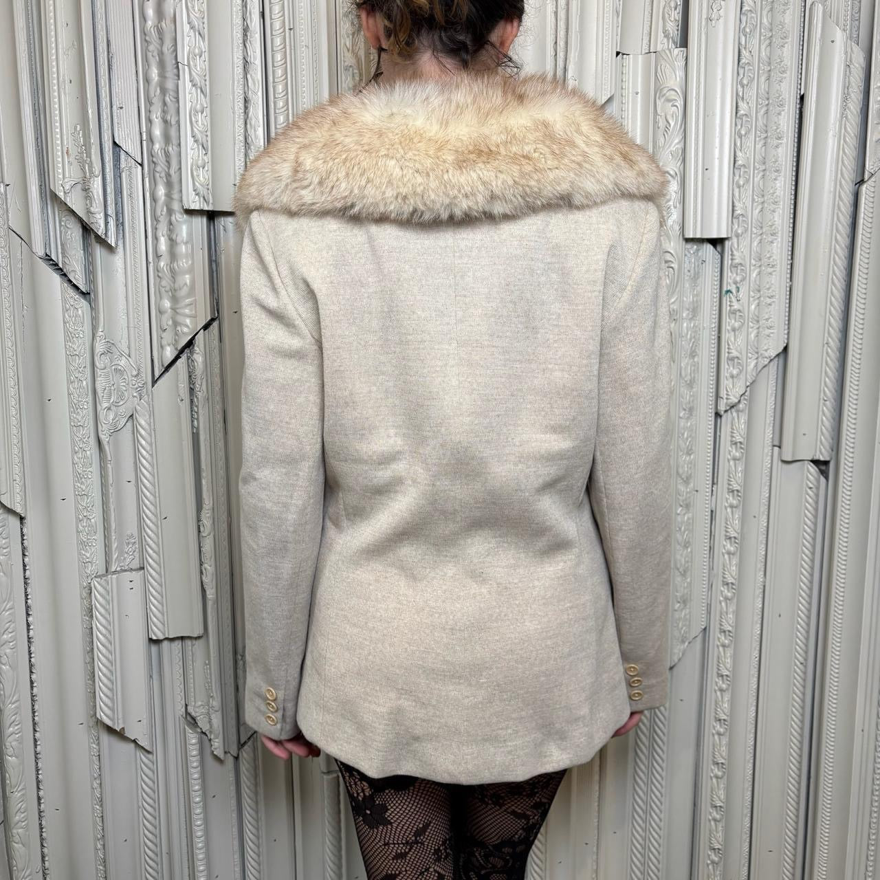 Esther’s 100% wool tan blazer with single button and faux fur collar