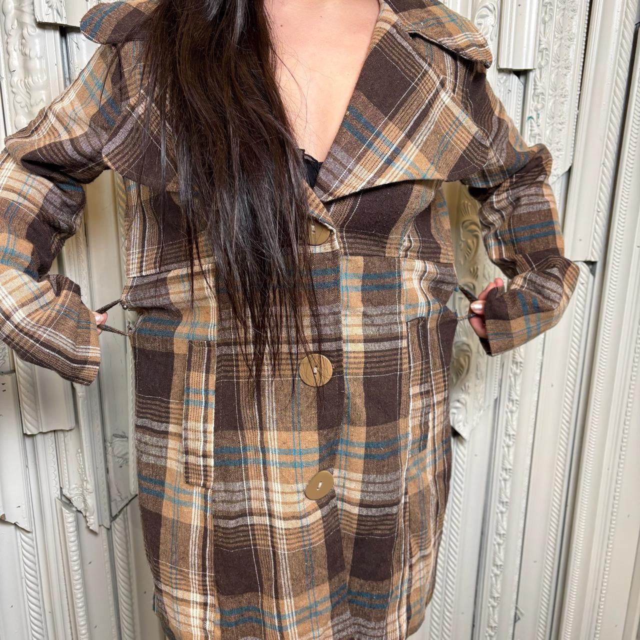 Wet Seal brown and blue plaid light weight button down coat