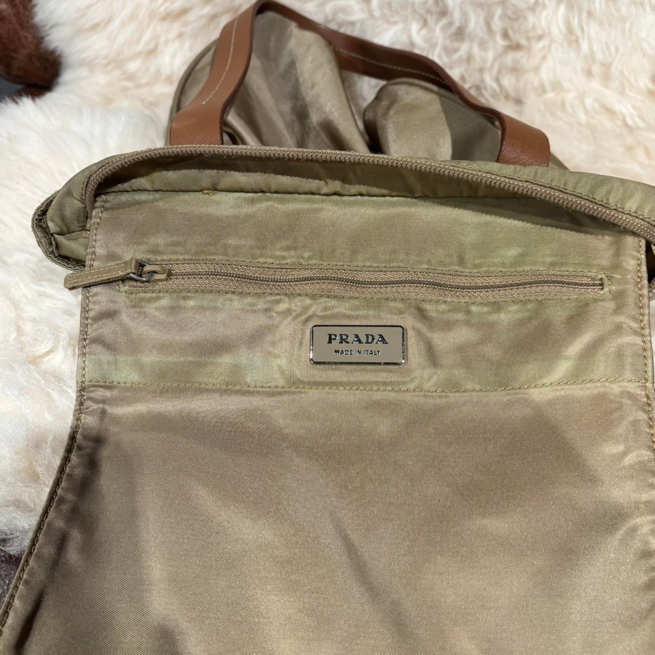 Prada tan nylon small shoulder bag with brown leather straps