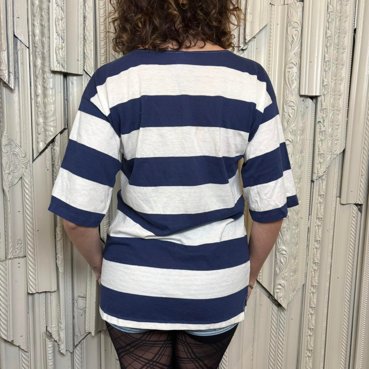 What a Break blue and white striped quarter sleeve “Air Force Academy” tee