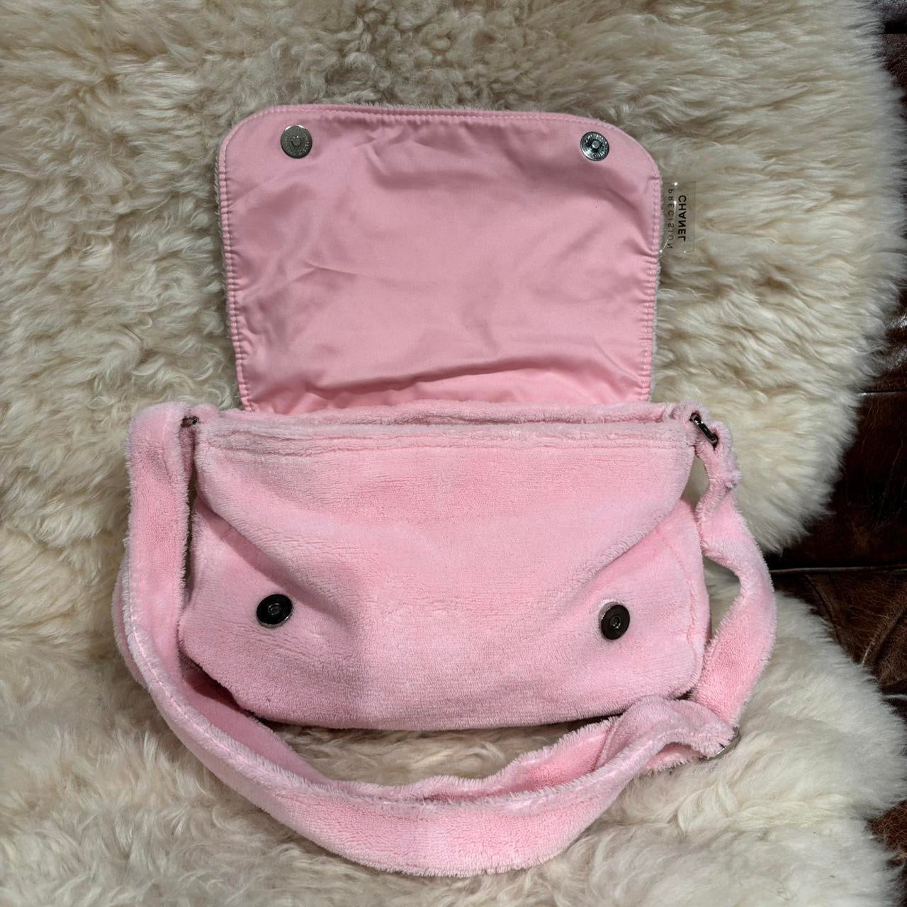 Chanel baby pink fuzzy crossbody with white patent emblem