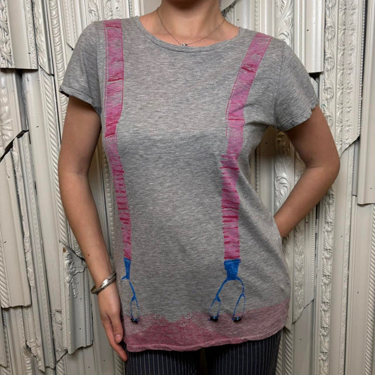 Paul Smith grey tee with pink and blue suspenders graphic