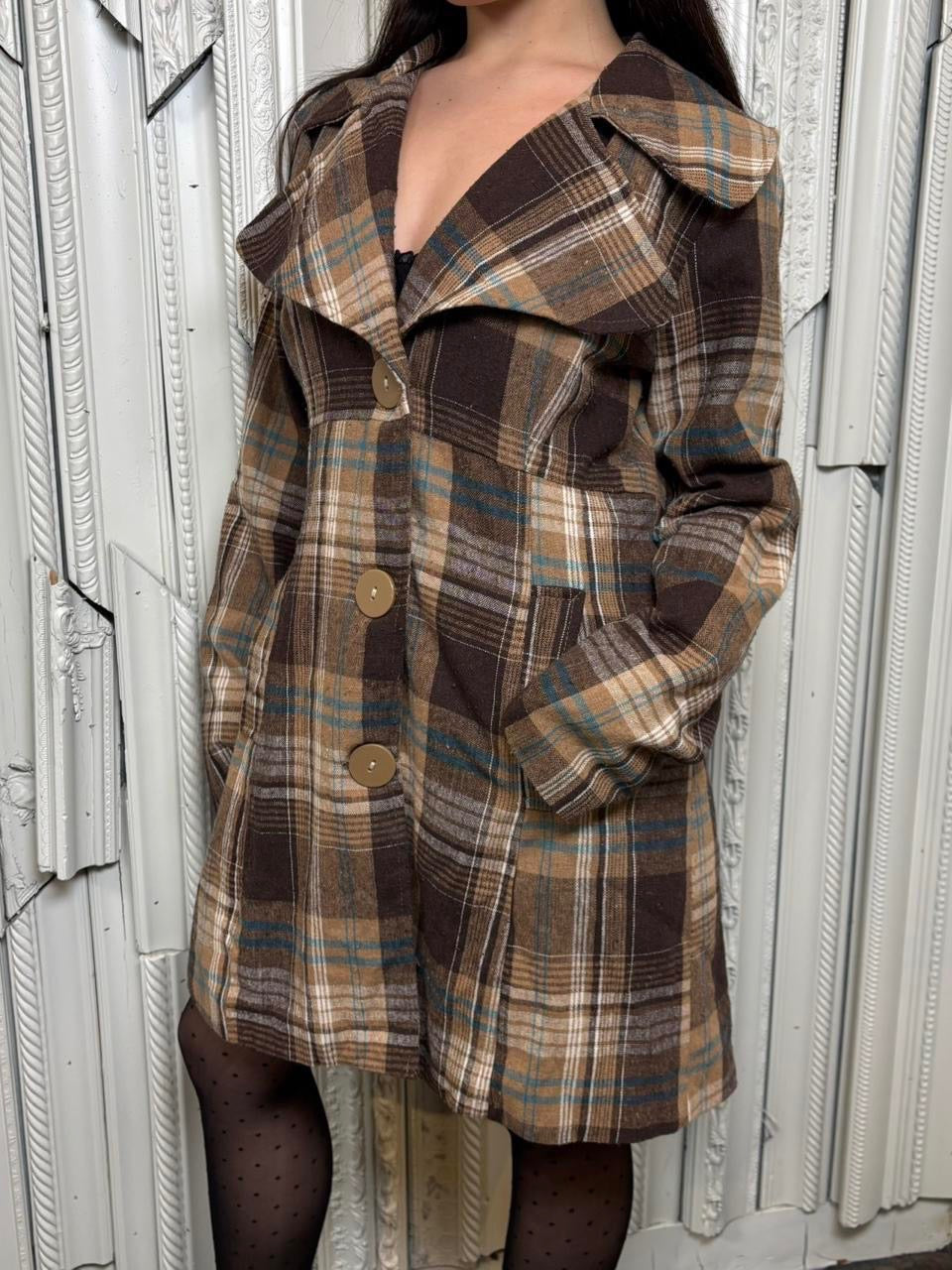 Wet Seal brown and blue plaid light weight button down coat