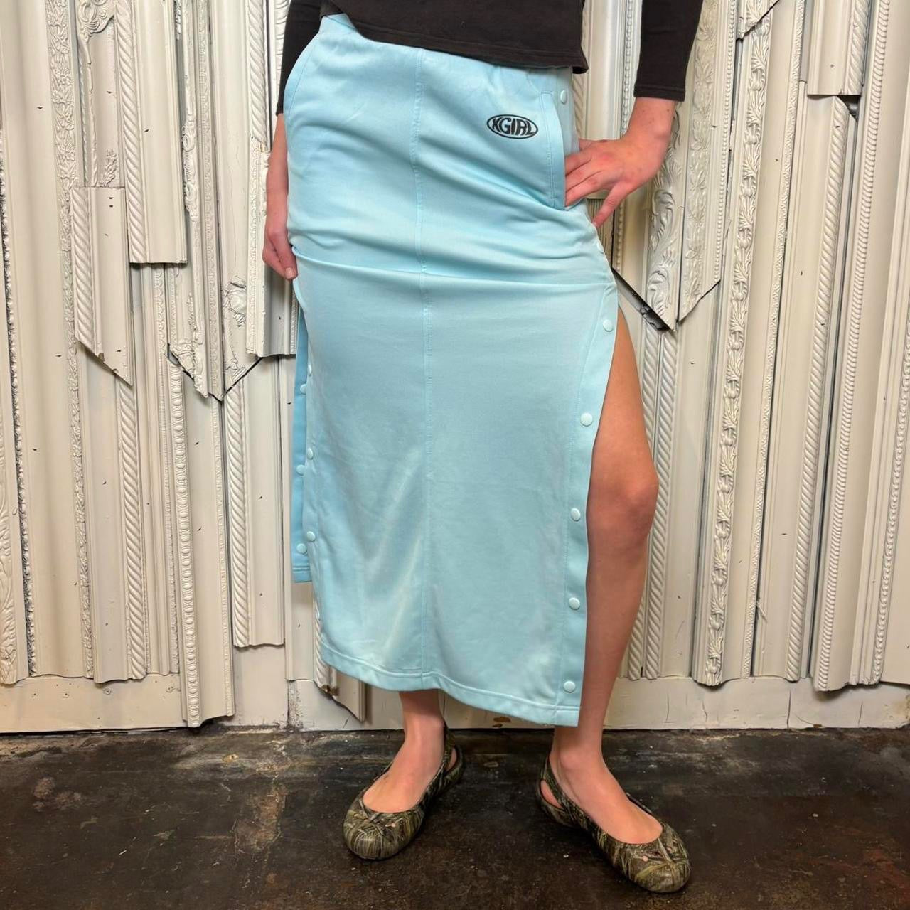 X-Girl light blue snap button sides maxi skirt with pockets