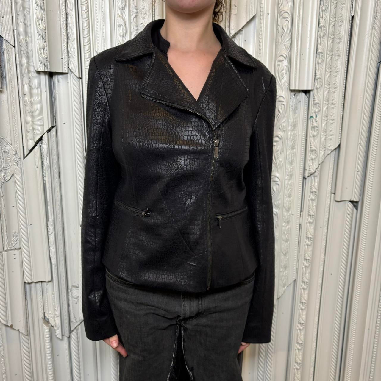 Cache polyester, rayon, spandex blend black snake print asymmetric zip up jacket