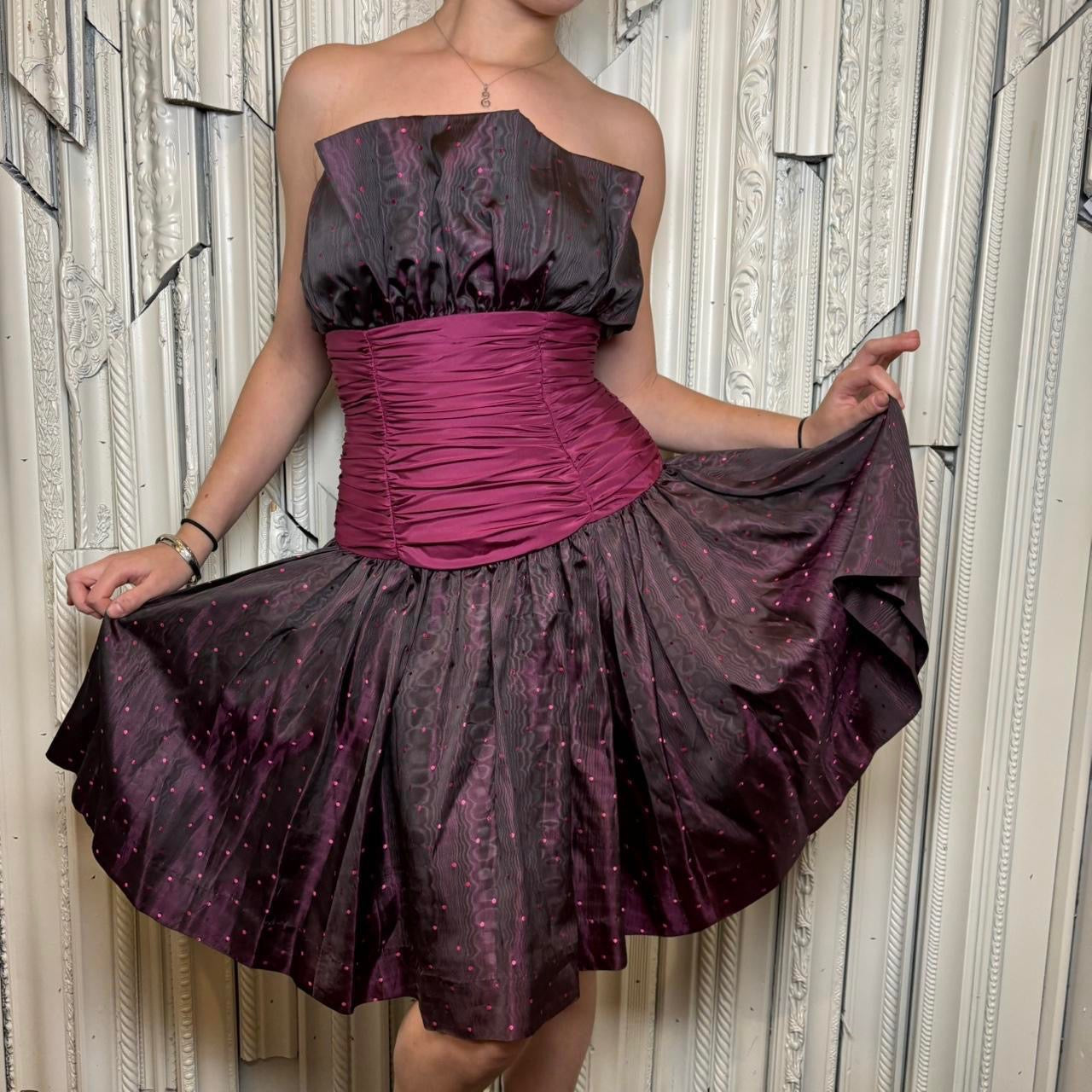 Vintage strapless purple and pink polka dot knee length dress with ruching