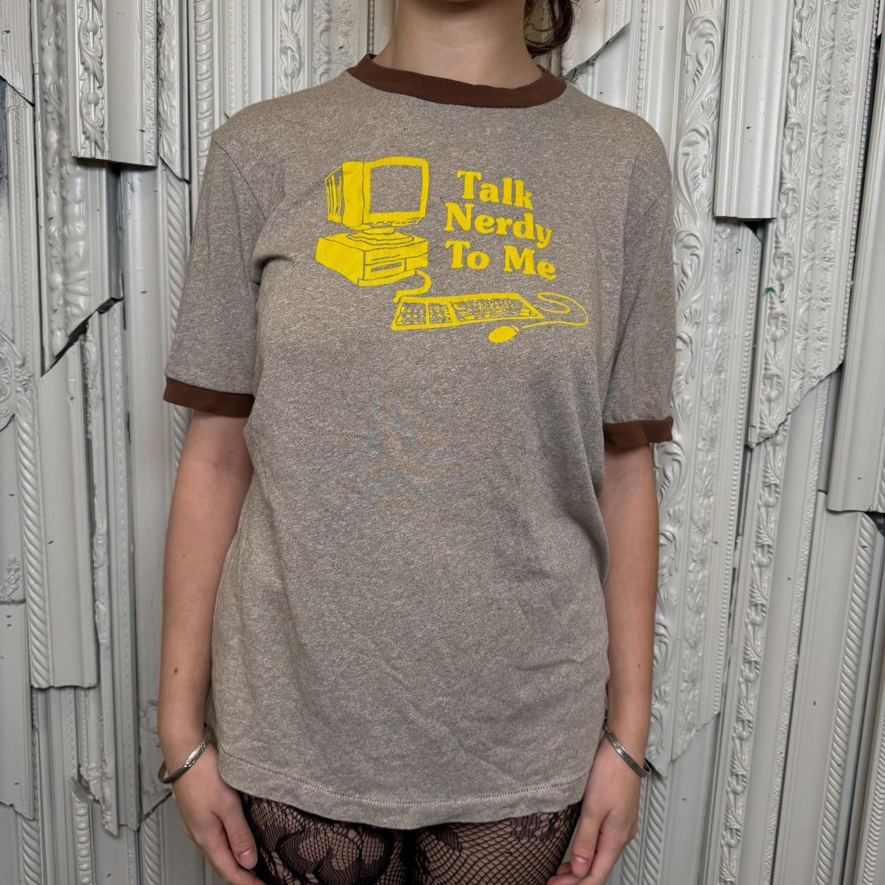 Abercrombie & Fitch “Talk Nerdy To Me” brown and yellow ringer tee